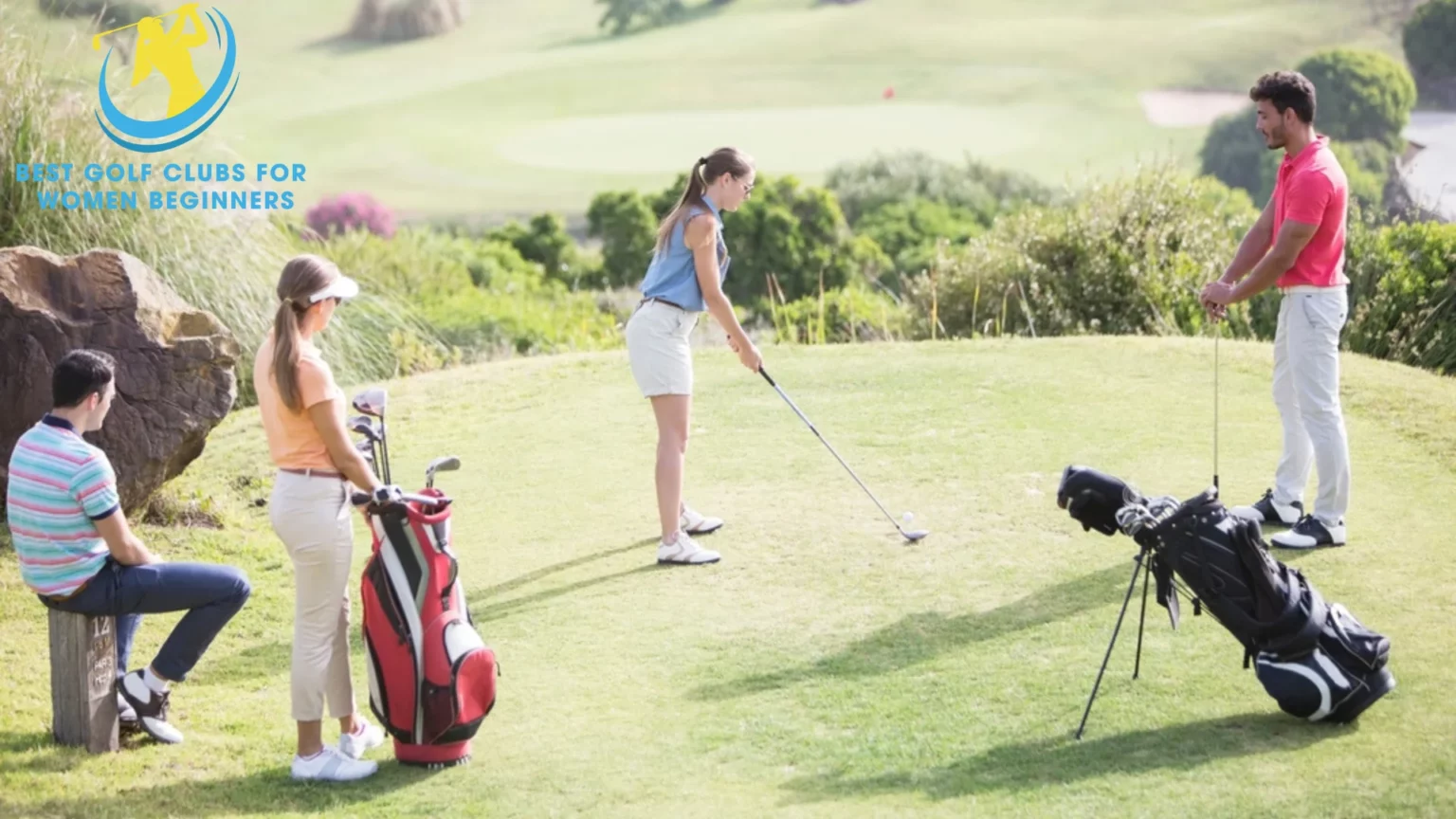 The golf clubs of the two men and two women standing next to each other in the image are different.