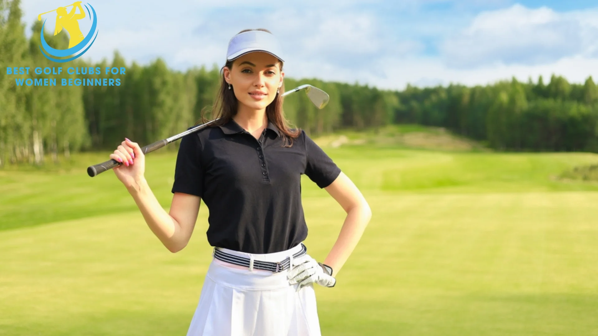 The girl stands next to the best ladies left-handed golf clubs and offers advice on how to select golf clubs for everyone